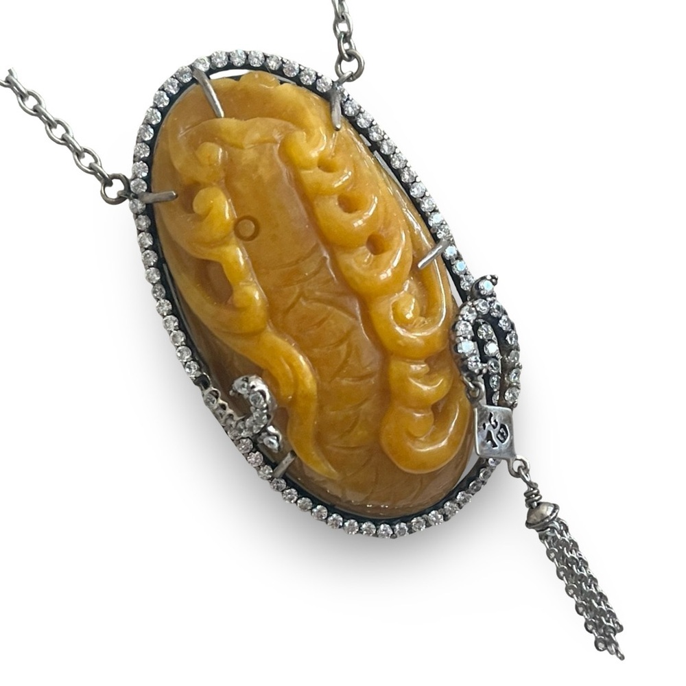 Jade Of Yesteryear Large Carved Yellow Jade Cz Sterling Silver Pendant Necklace
